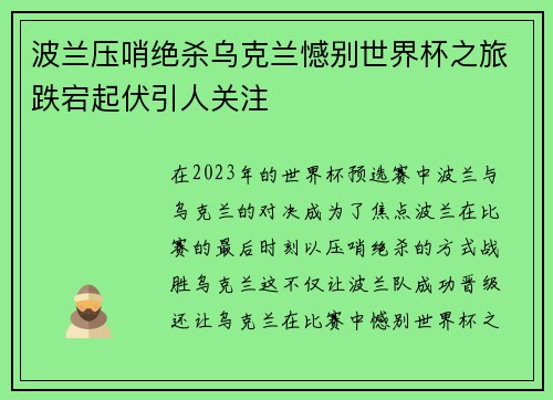 波兰压哨绝杀乌克兰憾别世界杯之旅跌宕起伏引人关注