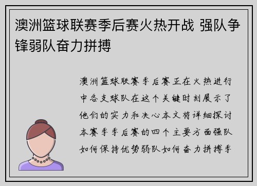 澳洲篮球联赛季后赛火热开战 强队争锋弱队奋力拼搏