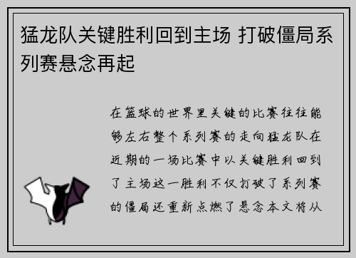 猛龙队关键胜利回到主场 打破僵局系列赛悬念再起