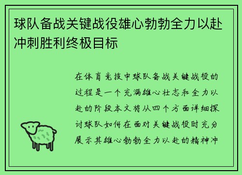 球队备战关键战役雄心勃勃全力以赴冲刺胜利终极目标