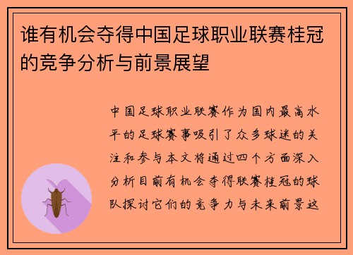 谁有机会夺得中国足球职业联赛桂冠的竞争分析与前景展望