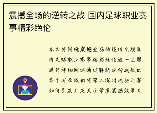 震撼全场的逆转之战 国内足球职业赛事精彩绝伦