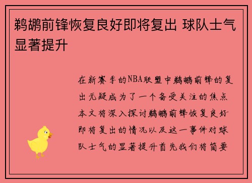 鹈鹕前锋恢复良好即将复出 球队士气显著提升