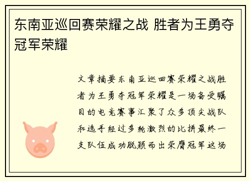 东南亚巡回赛荣耀之战 胜者为王勇夺冠军荣耀