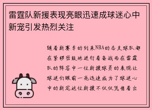 雷霆队新援表现亮眼迅速成球迷心中新宠引发热烈关注